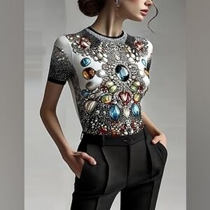 Black and White Beaded Print Women's Top
